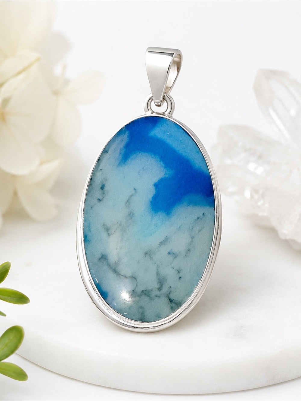 RUBYRUDI Artisan Dragon Vein Agate Blue Oval Stone Pendant Necklace Gemstone